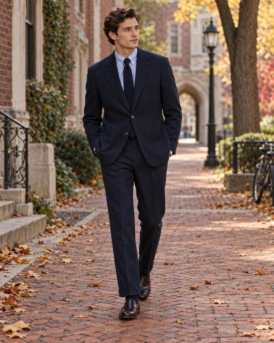Costume droit bleu marine, esprit Ivy League — Coupe ample, Revers cranté. Inspiration de style