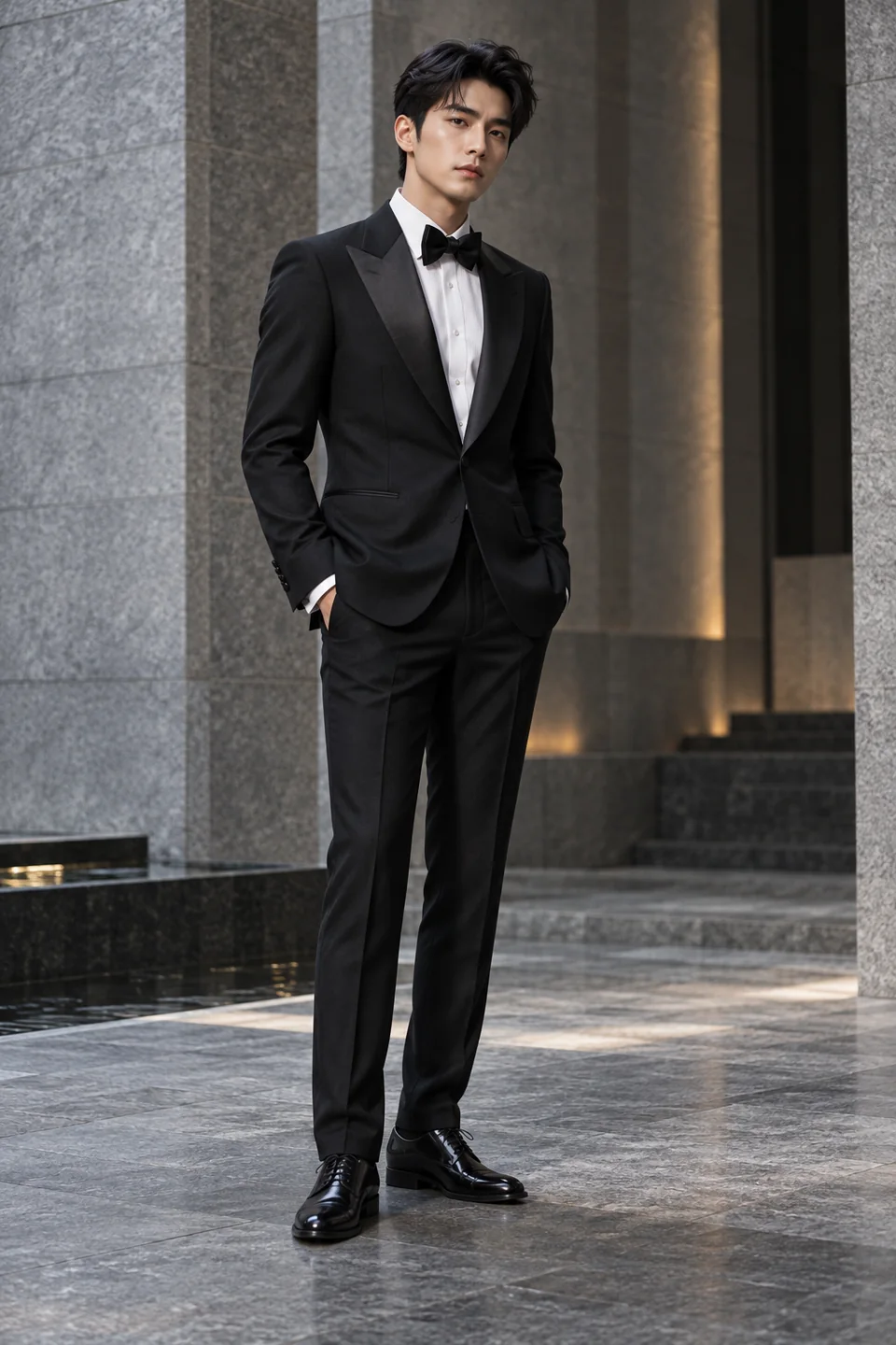 Smoking noir à revers en pointe — Coupe de cérémonie, Revers en pointe. Inspiration de style