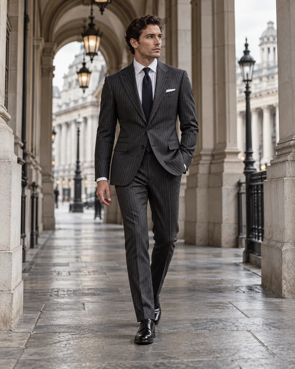 Costume anthracite à rayures, inspiration britannique — Coupe classique, Revers en pointe. Inspiration de style