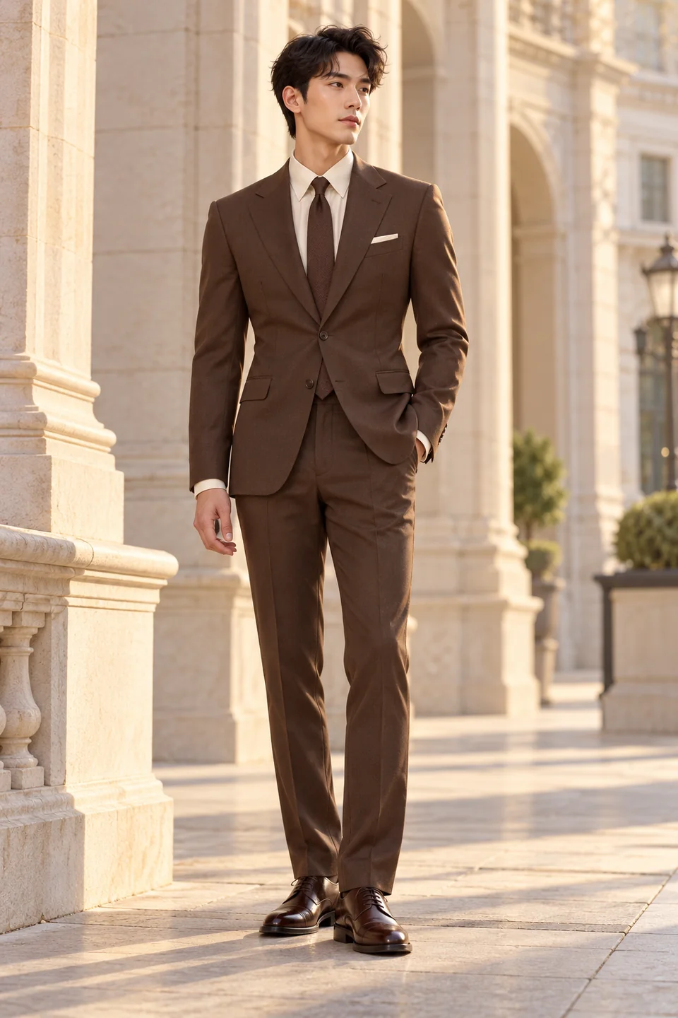 Costume ajusté brun cacao — Coupe ajustée, Revers cranté. Inspiration de style