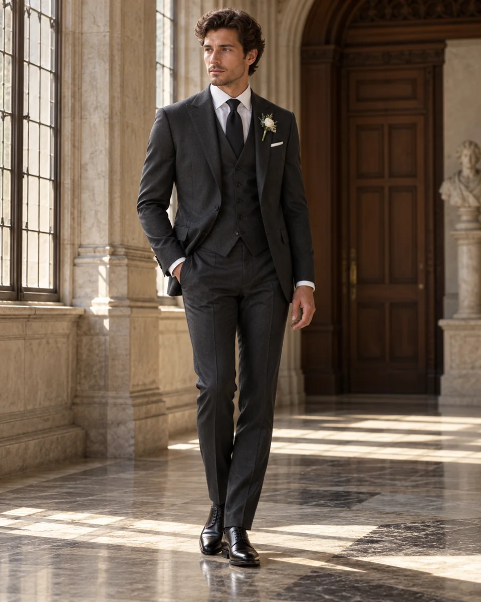 Costume de mariage trois pièces anthracite — Coupe classique, Revers en pointe. Inspiration de style