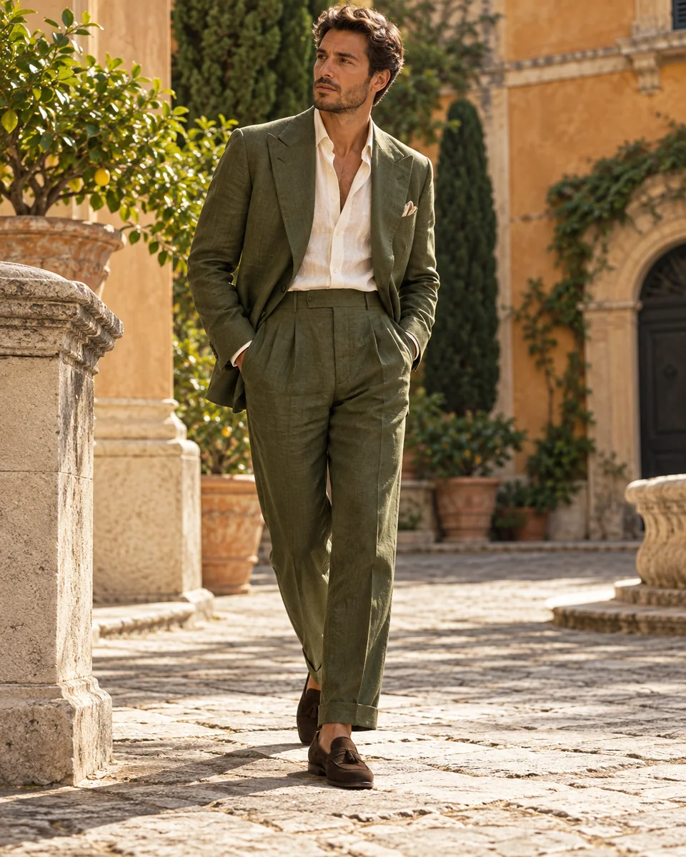 Costume en lin olive, inspiration italienne — Coupe ample, Revers cranté. Inspiration de style