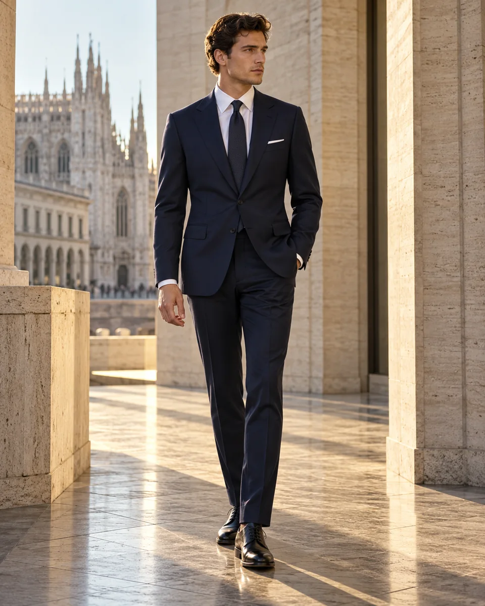 Costume bleu nuit, inspiration milanaise — Coupe ajustée, Revers cranté. Inspiration de style