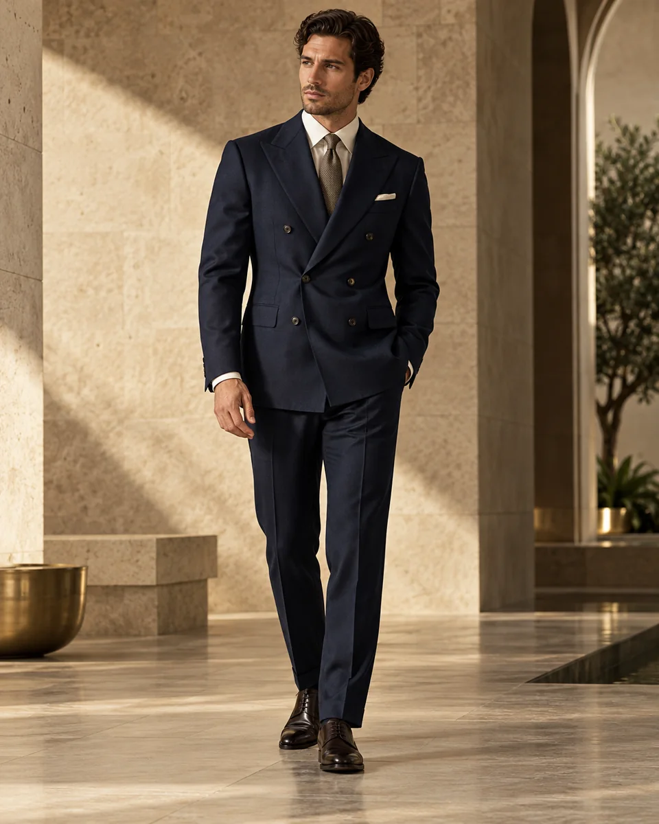 Costume croisé bleu nuit — Coupe classique, Revers en pointe. Inspiration de style