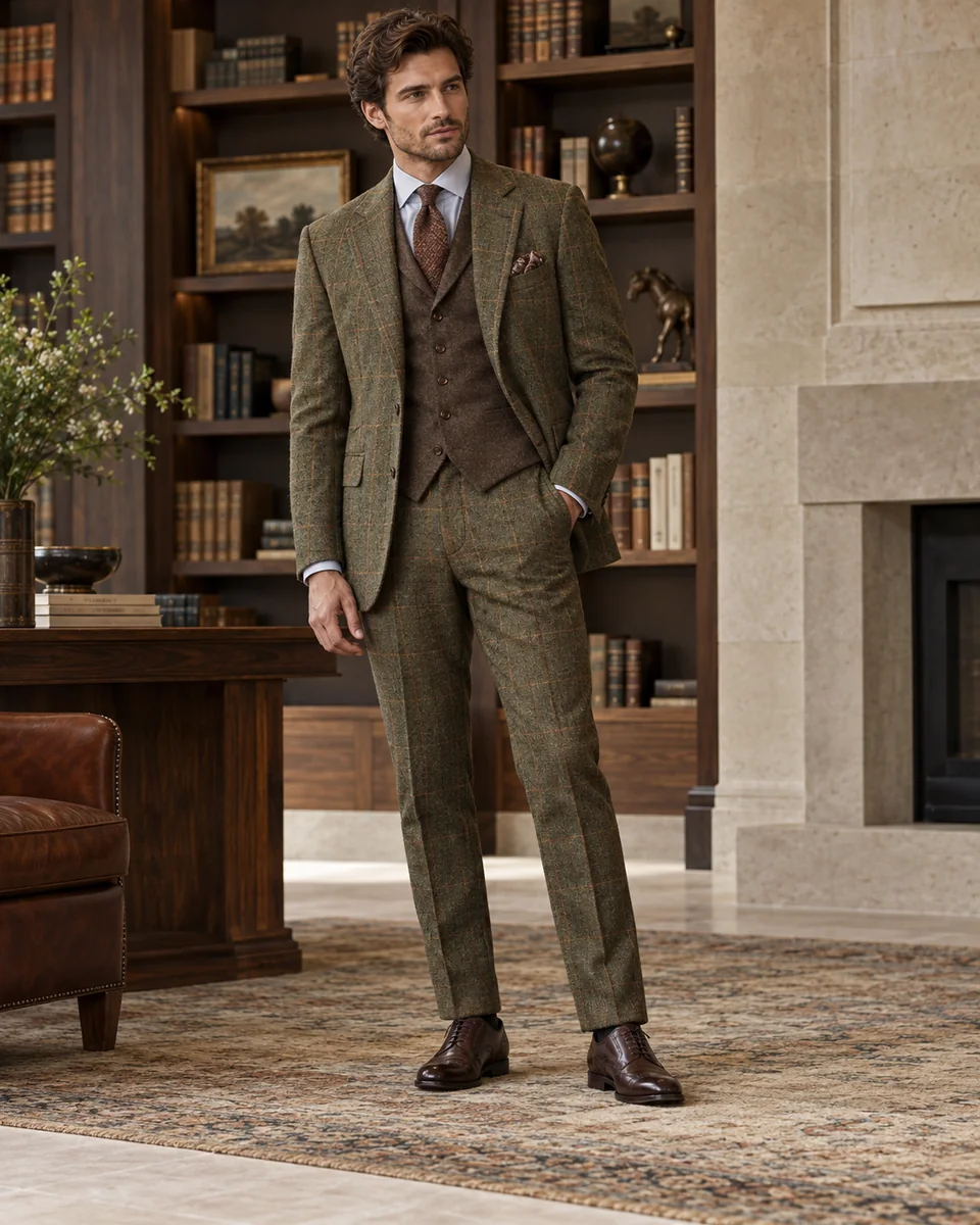Costume trois pièces en tweed à carreaux olive — Coupe classique, Revers en pointe. Inspiration de style