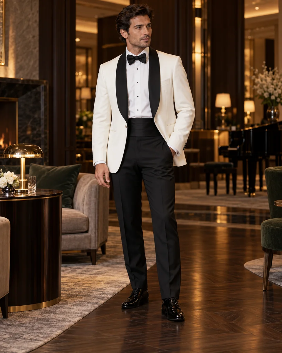Veste de smoking ivoire — Coupe de cérémonie, Col châle. Inspiration de style