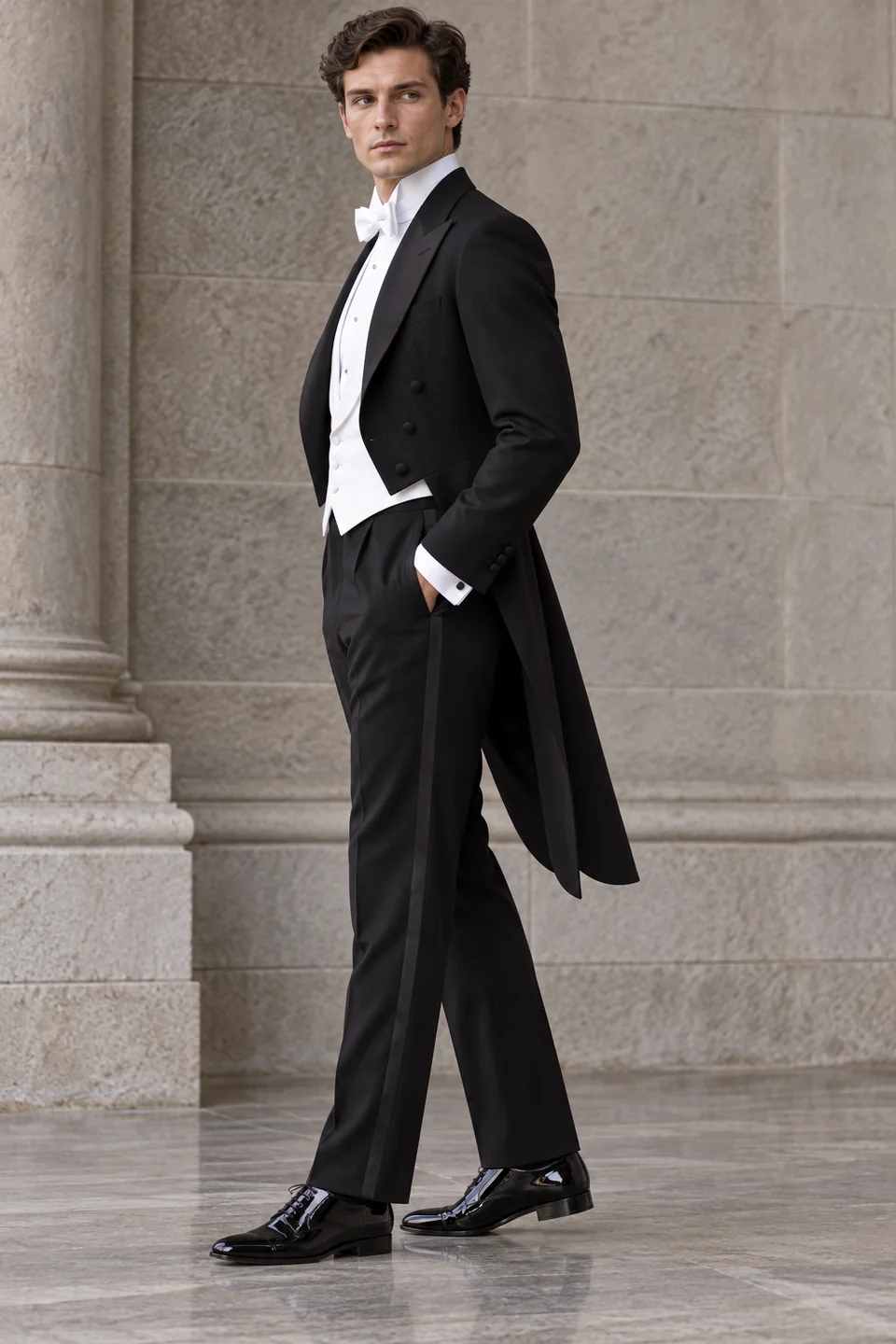 Habit de soirée — queue-de-pie — Coupe de cérémonie, Revers en pointe. Inspiration de style