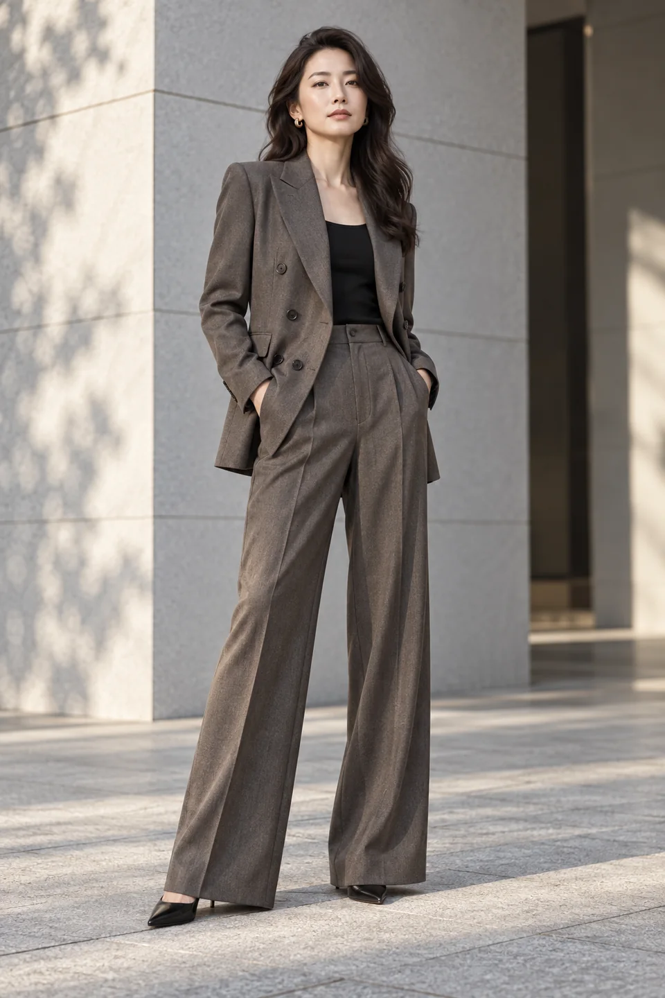 Tailleur pantalon croisé gris anthracite — Coupe ample, Revers en pointe. Inspiration de style