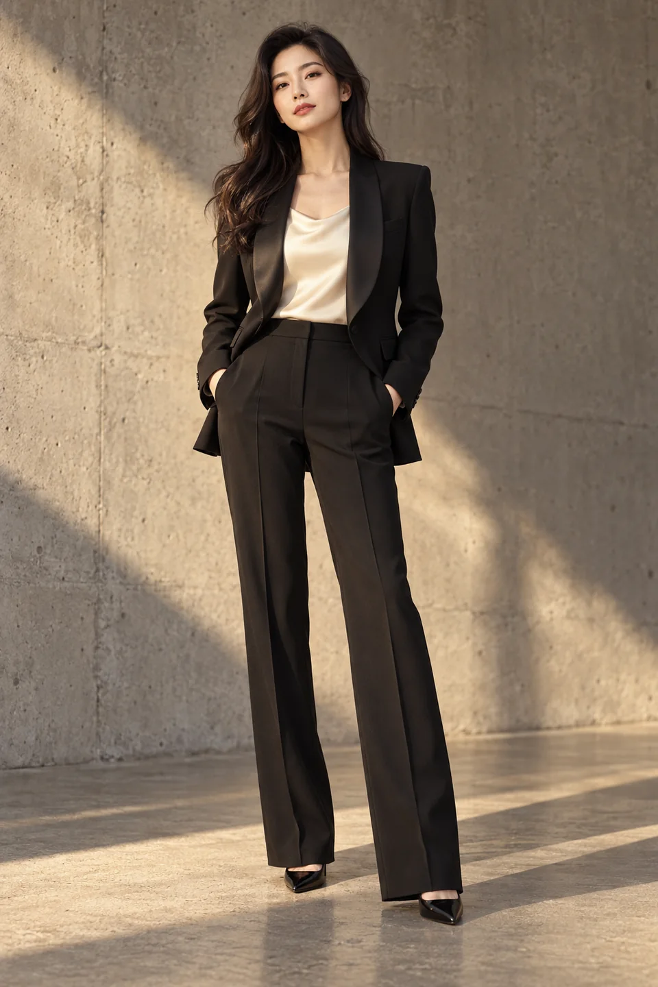 Smoking femme à col châle — Coupe de cérémonie, Col châle. Inspiration de style