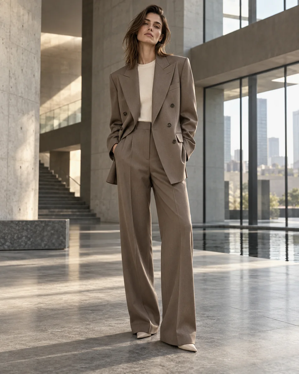 Tailleur croisé ample taupe — Coupe ample, Revers en pointe. Inspiration de style